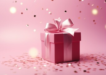 Pink Gift Box with Pink Ribbons and Confetti on Pink Background 