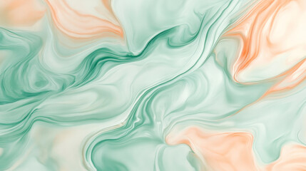 Obraz premium Soft liquid marble texture with flowing shades of pastel green and light peach, creating a calming and fluid abstract pattern.