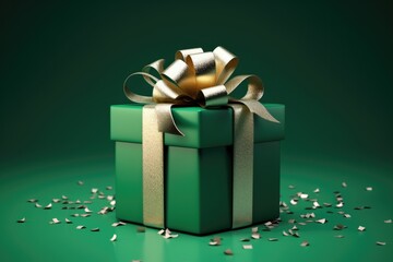 Green Gift Box with Golden Ribbons and Confetti on Green Background 