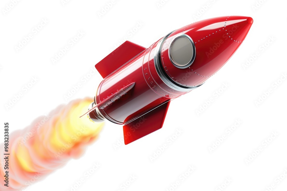 Poster a red rocket soaring through the sky, suitable for use as a symbol of innovation or excitement