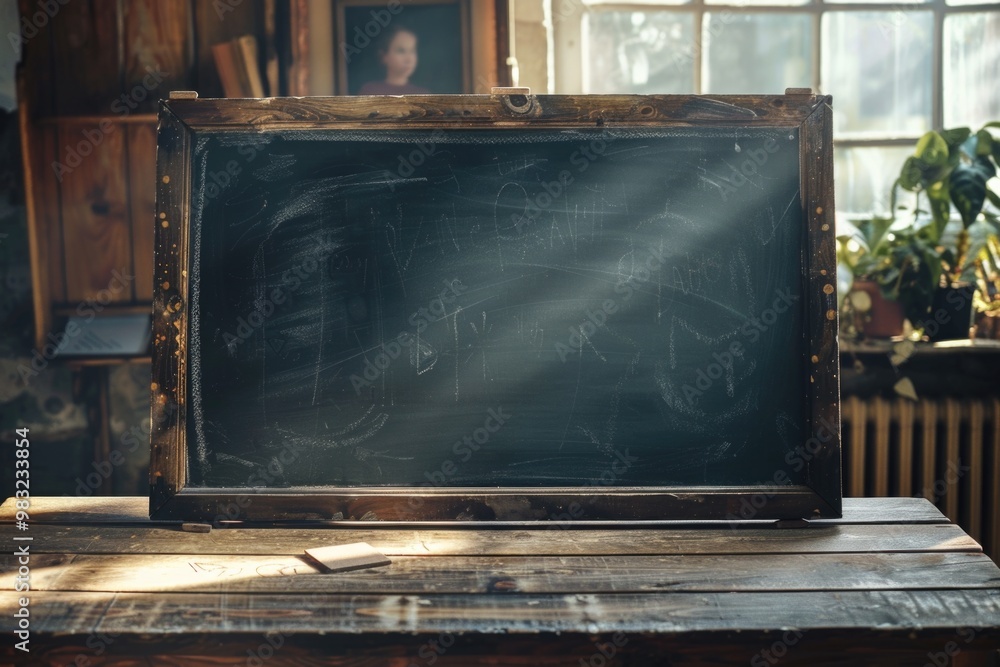 Poster a blackboard sits atop a wooden table, ready for writing or displaying information