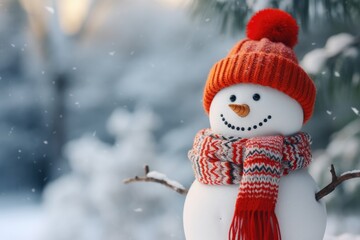 Snowman in a Snowy Winter Landscape, Wearing a Knitted Hat and Scarf
