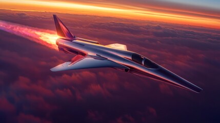 Futuristic Jet Aircraft Flying at Sunset