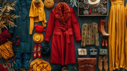 A flat lay of autumnal fashion items, featuring a red coat, yellow dress, and various accessories.