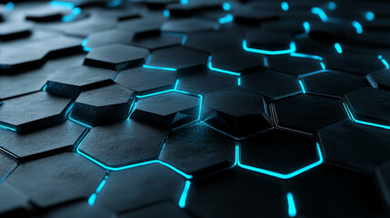 Futuristic networking backdrop with glowing hexagonal shapes and intricate connections, rendered in dark gray and electric blue tones.