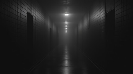 Eerie 3D Visualization of Shadowy Corridor with Flickering Lights and Unsettling Atmosphere