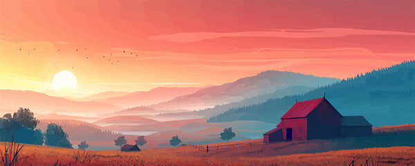 A serene countryside sunrise casting warm hues over rolling farmland and rustic barns. Vector flat minimalistic isolated illustration.