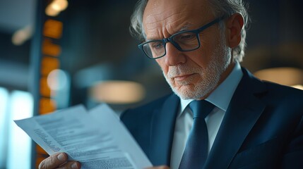 An older businessman in a suit and glasses carefully reading financial documents in a modern office setting.