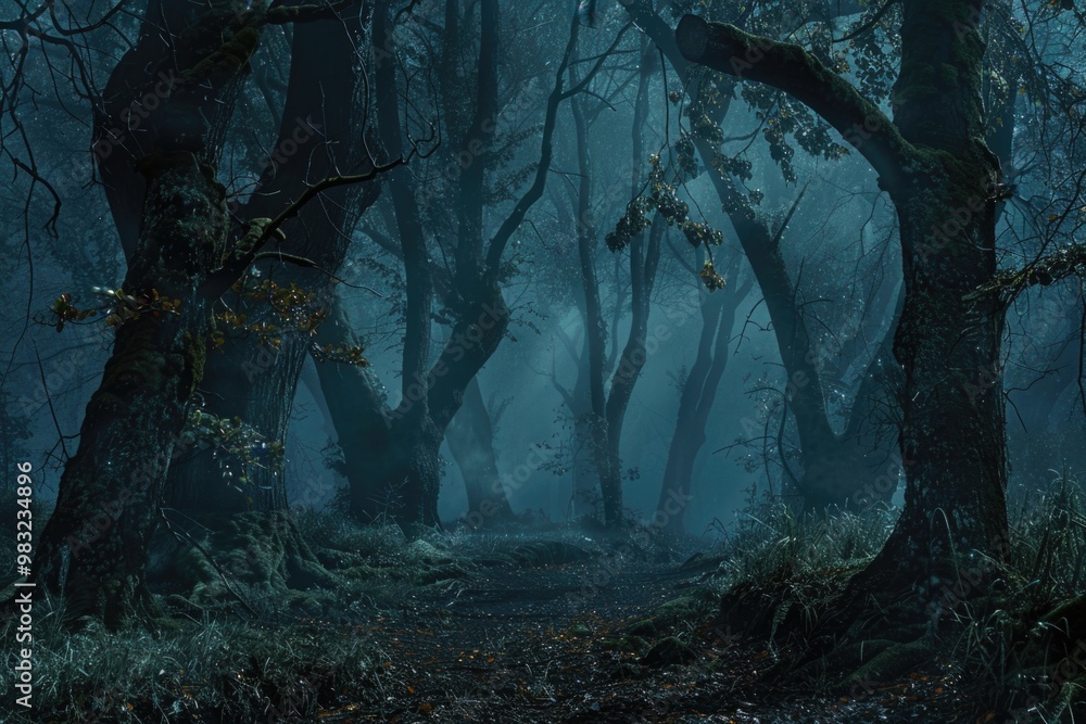 Poster A winding path cuts through a dense and mysterious forest