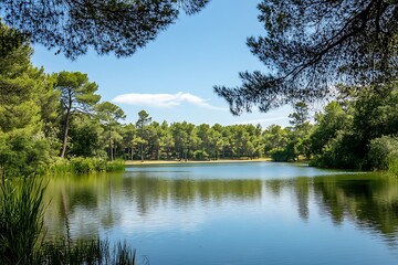 Fototapeta premium Tranquil lake with lush greenery, blue sky, and white clouds. Peaceful nature landscape.