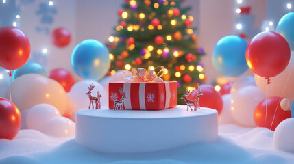 A snowy white podium surrounded by colorful Christmas balloons, a large festive gift box with reindeer designs, and a Christmas tree glowing in the background.