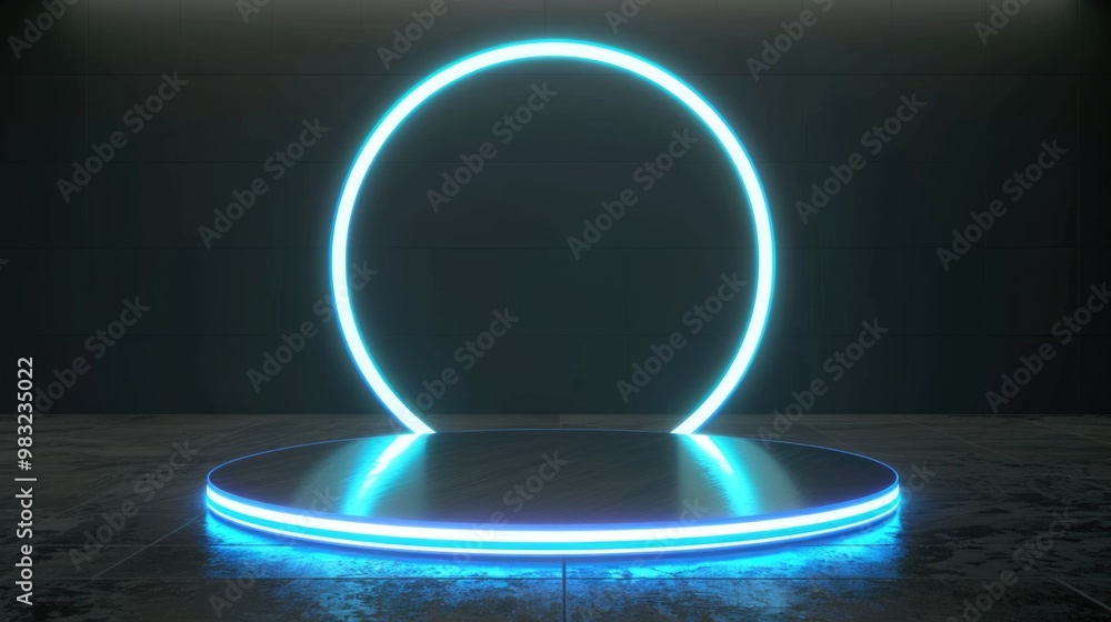 Poster a single blue neon ring sits on a dark, matte black surface, ready for use in various design context
