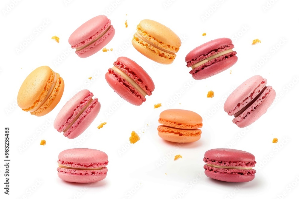 Aufkleber A bunch of colorful macarons flying through the air, perfect for adding whimsy to your design or advertising sweet treats