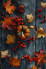 A rustic wooden table adorned with a bounty of red berries and a pumpkin, perfect for autumn or Thanksgiving decor