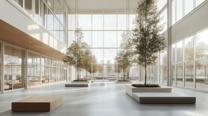 Fototapeta premium A co-walking space concept showcasing spacious walkways surrounded by minimalist seating, sleek architecture, and large windows, encouraging movement and interaction.