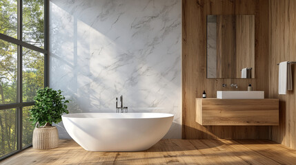 "Modern bathroom interior showcasing white marble and wooden walls, with a wooden floor. The room features a sleek white bathtub by the window and a stylish sink with a vertical mirror in the backdrop