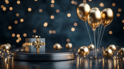 A modern silver podium with floating gold balloons, a sleek gift box, and twinkling lights for a festive New Yearâ€™s Eve presentation.