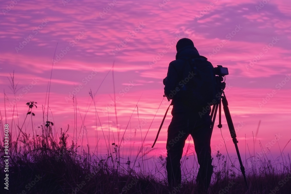 Poster a silhouette of a person holding a camera on a tripod, suitable for use in photography-themed illust