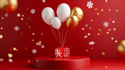 A glossy red podium with floating gold and white Christmas balloons, a small gift box with snowflake designs, and festive confetti raining down for a holiday celebration.