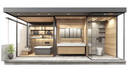 A cross-sectional rendering of a home bathroom, showcasing integrated storage, clean lines, and a calm, clutter-free design that balances form and function.