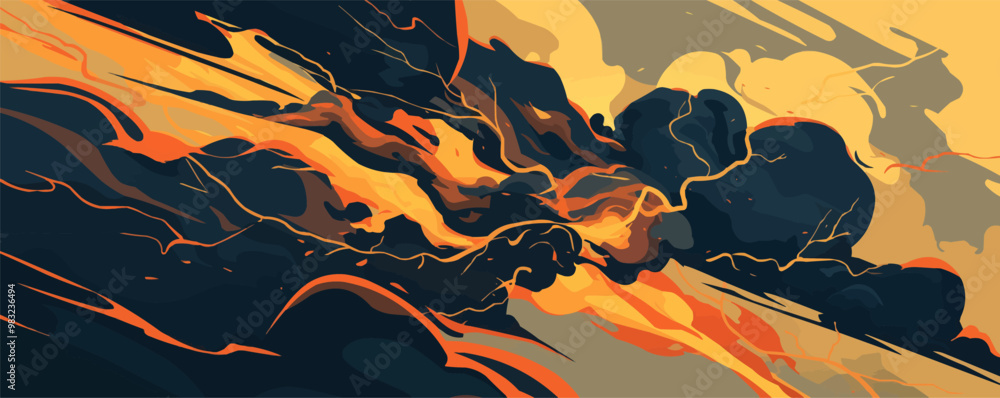 Poster design an abstract illustration of swirling dark clouds with flashes of lightning, conveying the pow