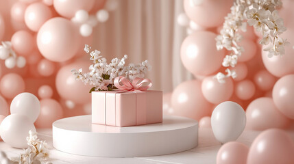 A delicate white round podium with pastel balloons, a large pink gift box, and floral accents creating a festive Mother's Day celebration.