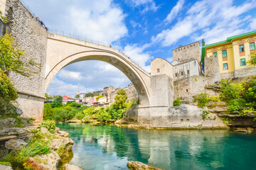 The Mostar Bridge or Stari Most, the rebuilt 16th century Ottoman bridge in the picturesque old town of Mostar, Bosnia and Herzegovina. © Kirk Fisher