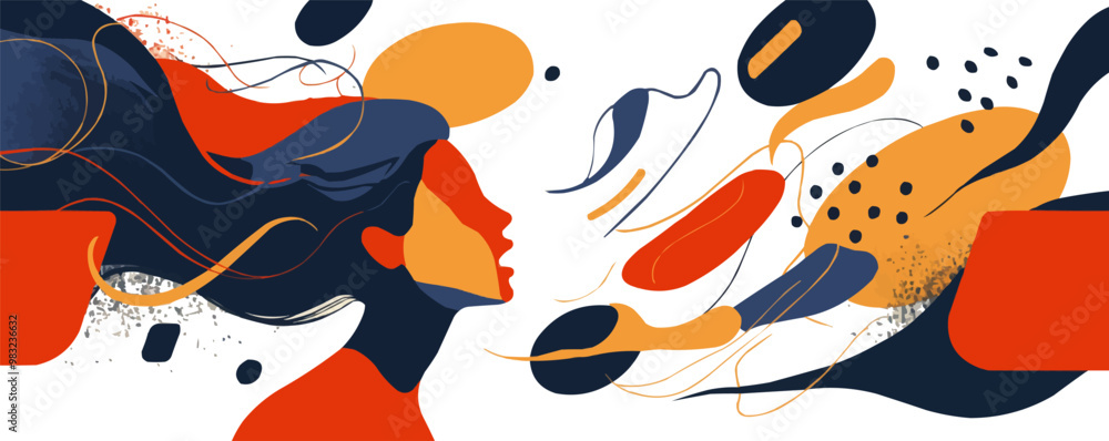 Poster design an exclamation mark intertwined with abstract elements like swirls or waves, conveying emotio