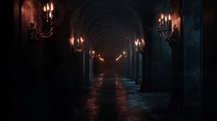 Obraz premium Shadowy Passage: 3D Visualization of Eerie Corridor with Flickering Torches and Foreboding Atmosphere