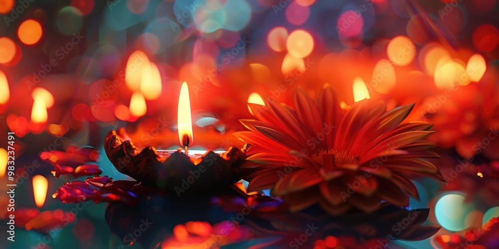 Poster A single candle with a flower placed on a table, suitable for use in still life photography or as a decorative element