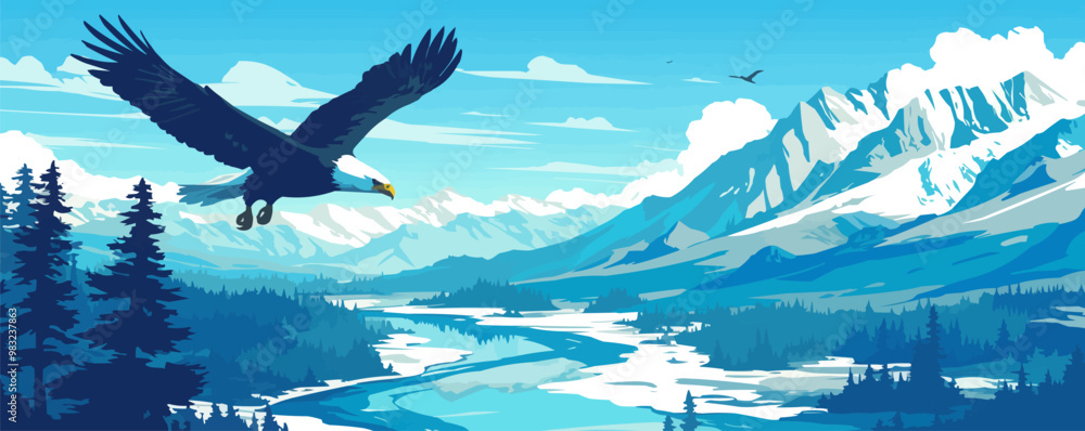 Poster eagle gliding over a river with mountains in the background. vector flat minimalistic isolated illus