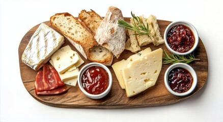 Artfully arranged selection of cheeses, spreads, and bread on a wooden board for a gourmet tasting