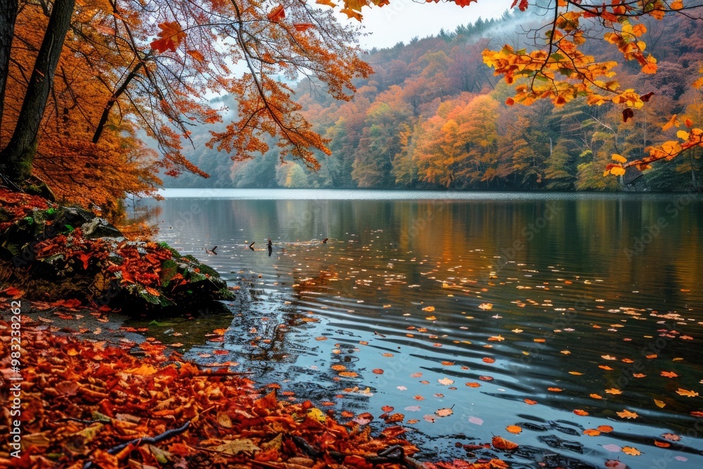 Poster lake scenery with trees in fall colors