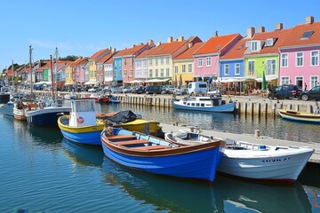 Fototapeta premium Charming Scandinavian Fishing Village Colorful Houses and Boats in Harbor on Sunny Day