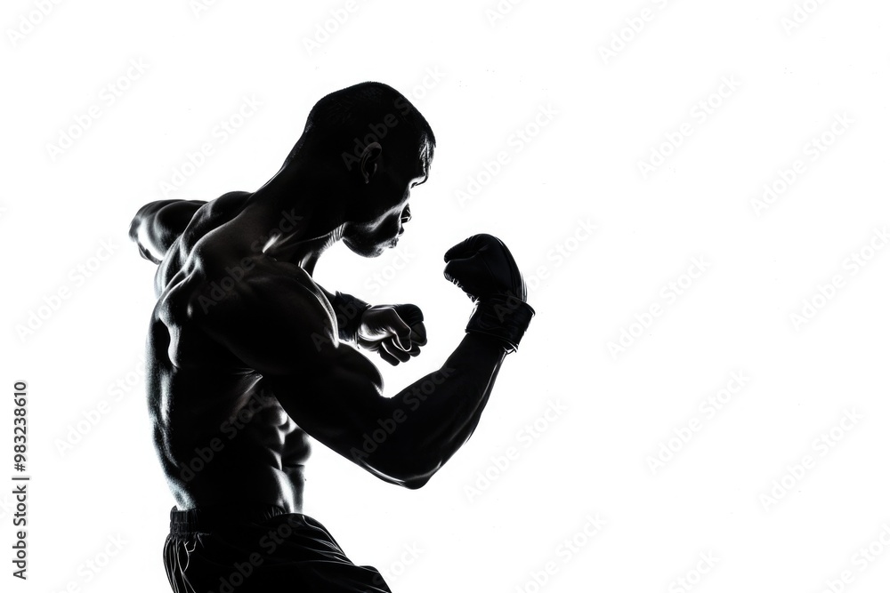 Poster a person preparing for a boxing match, standing with feet shoulder-width apart and fists clenched