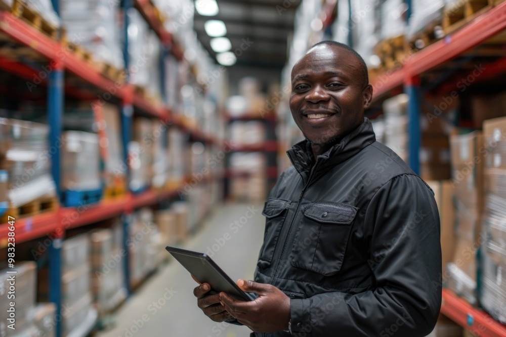 Aufkleber man in a warehouse holding a tablet computer, possibly checking inventory or accessing information