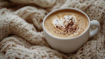 Cozy autumn afternoon with a warm cup of latte resting on a textured blanket surrounded by leaves