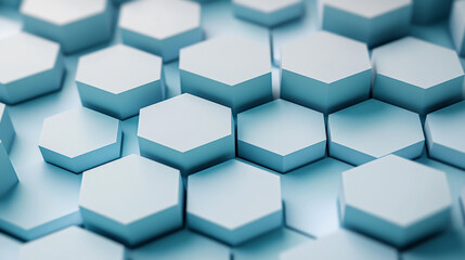 Obraz premium Minimalist hexagonal grid in soft pastel blue and light gray, symbolizing efficient data flow and seamless network connections in a clean, modern style.