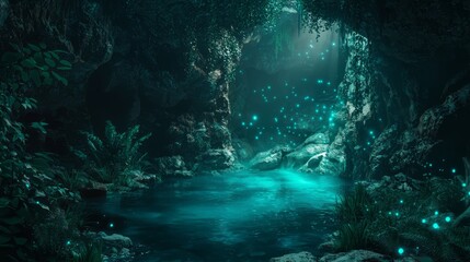 Enchanting Underground Realm: Mystical Dark Fantasy Dungeon with Bioluminescent Plants and Subterranean River