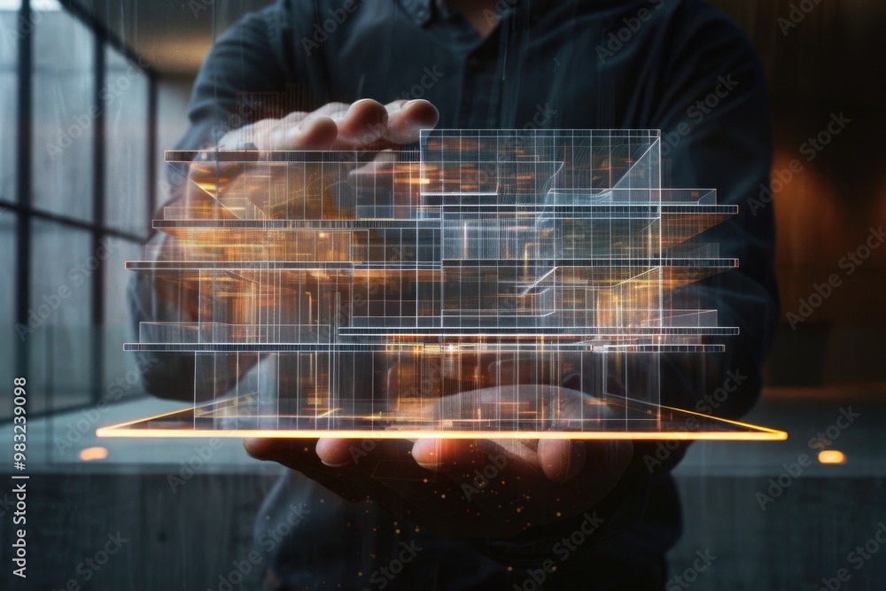 Poster a person grasping a transparent architectural element