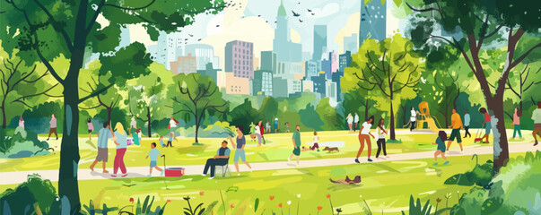 Bustling city park with joggers, picnickers, and children playing, flat, vector illustration in watercolor style.
