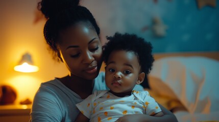A serene moment of a mother holding her baby, illuminated by soft bedside light, creating a warm bedtime atmosphere.