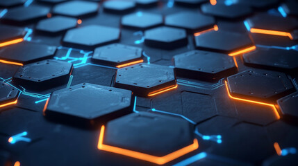Obraz premium Futuristic networking backdrop with glowing hexagonal shapes and intricate connections, rendered in dark gray and electric blue tones.