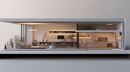 A detailed cross-sectional view of a modern home office, showcasing clean lines, integrated storage, and a minimalist layout for a peaceful and productive environment.