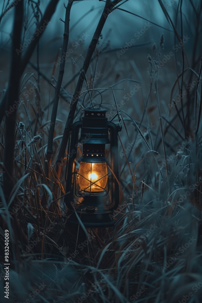 Poster a single lantern sits in the middle of a green field, surrounded by nature