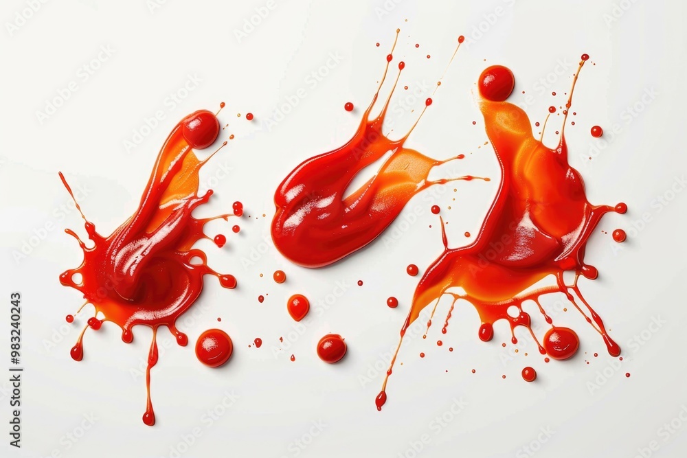 Poster a group of red liquid splashes on top of a white surface, great for use in science or medical illust