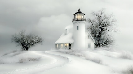 Nordic Winter Wonderland in the Mist A Serene Oil Painting Depicting a Snow-Covered Cottage Bare Trees  and a Lamp Post Shrouded in Fog Capturing the Tranquility of a Quiet Winter Day