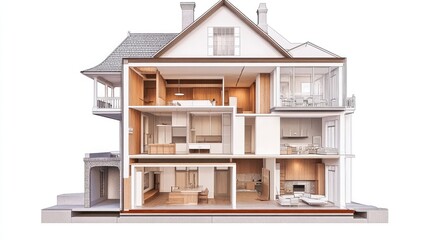 A detailed view of an old house cross-section, featuring clean, restored surfaces, functional storage, and minimalist design elements blended with the home classic architecture.