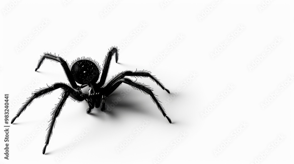 Poster a close-up image of a black spider in monochrome