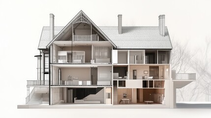A detailed view of an old house cross-section, featuring clean, restored surfaces, functional storage, and minimalist design elements blended with the home classic architecture.
